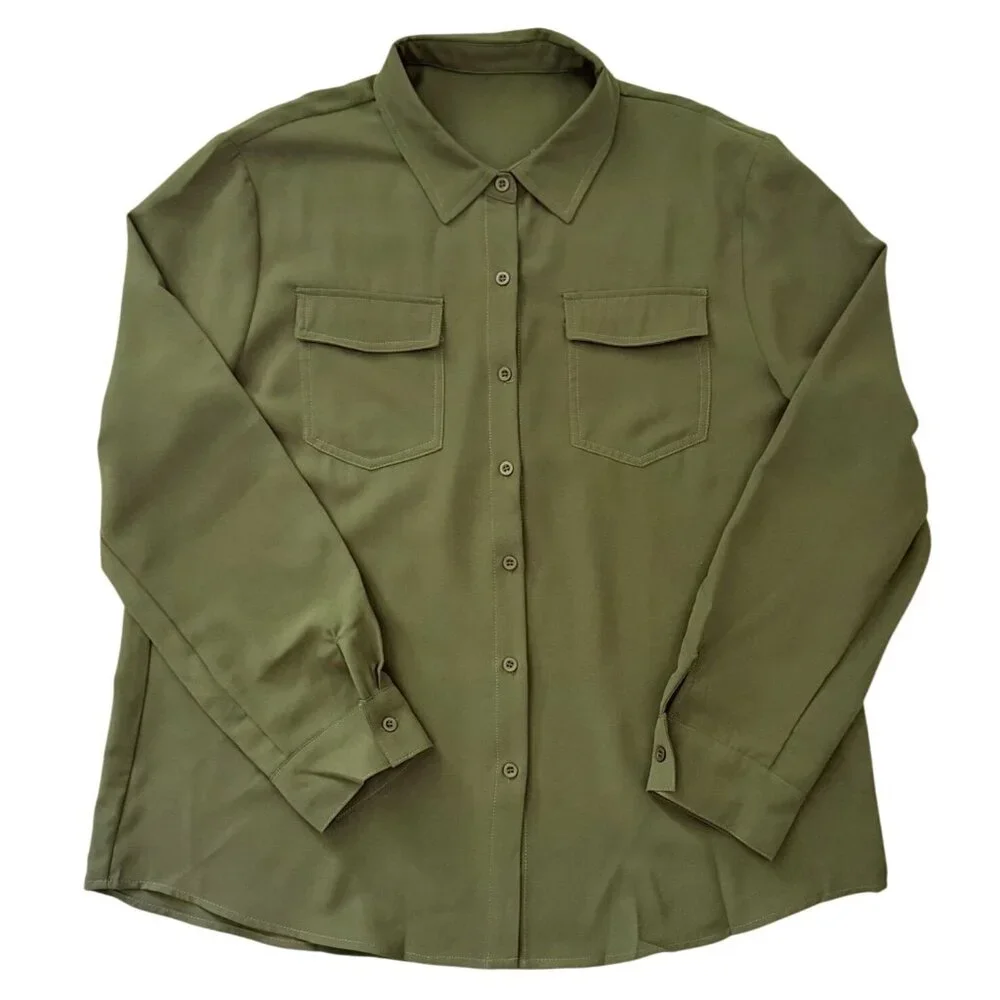 Olive Green Top Size Large Button Front Long Sleeve Blouse Fall Utility Neutral - Picture 3 of 10